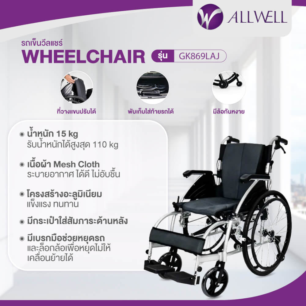 รถเข็นวีลแชร์ เกรดเครื่องมือแพทย์ ALLWELL ล้อ 24 นิ้ว สีดำ มีล้อหลังกันหงาย ที่พักแขนปรับได้_1
